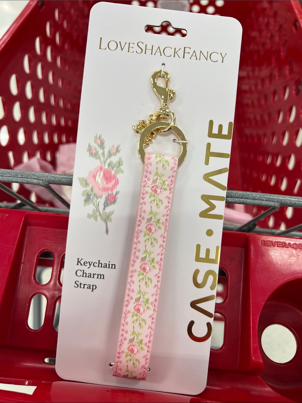 LoveShackFancy Target Pink Floral Keychain Charm Strap with Gold Hardware NWT
